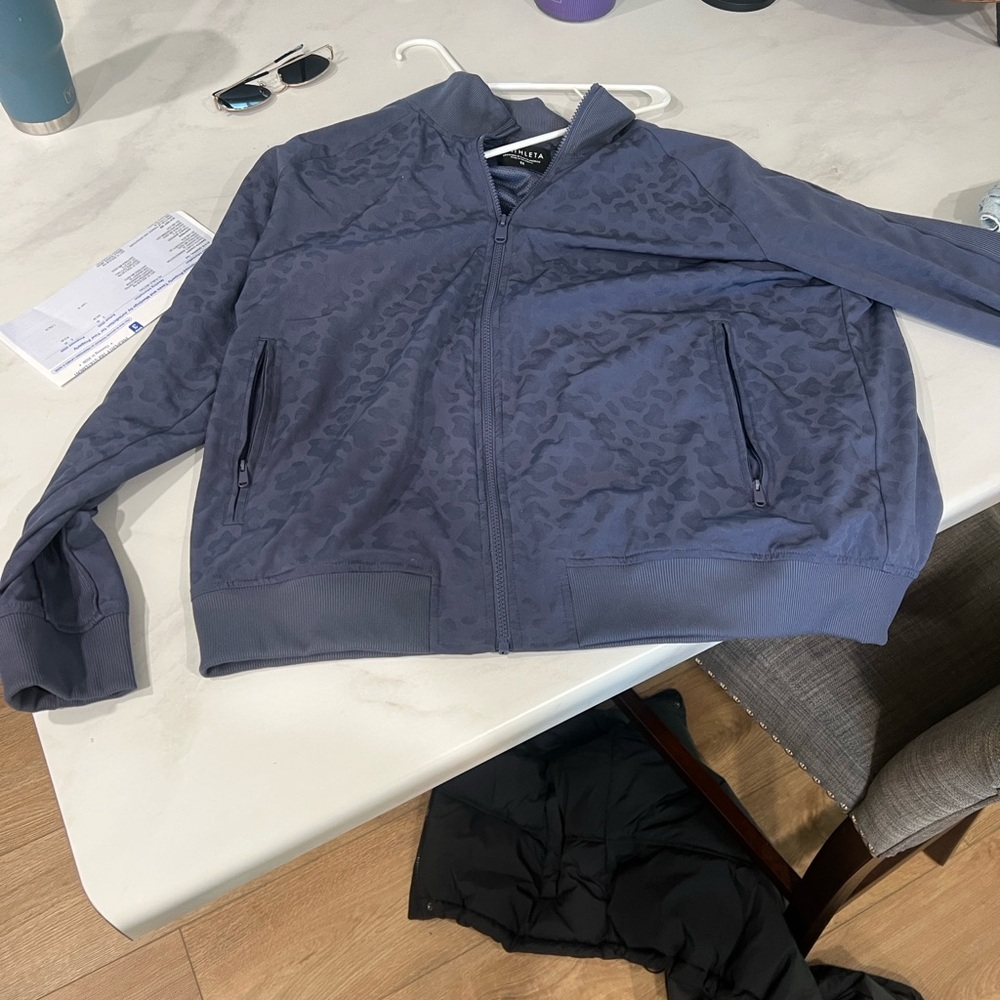 Athleta Slate blue Gray Patterned Bomber Jacket